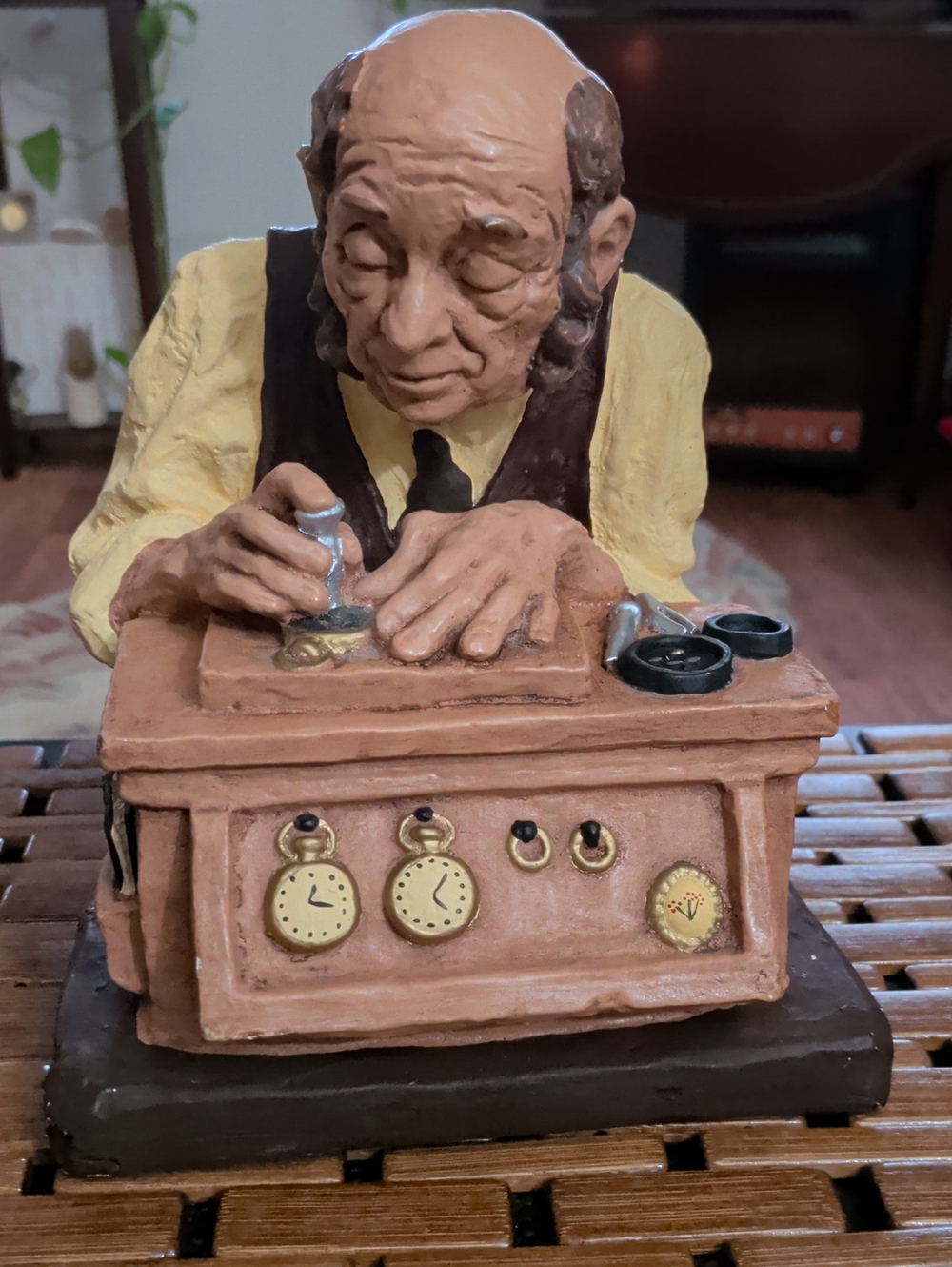 David Kaplan 1973 Hand-Painted Watchmaker Figurine - Yellow & Brown Home Art